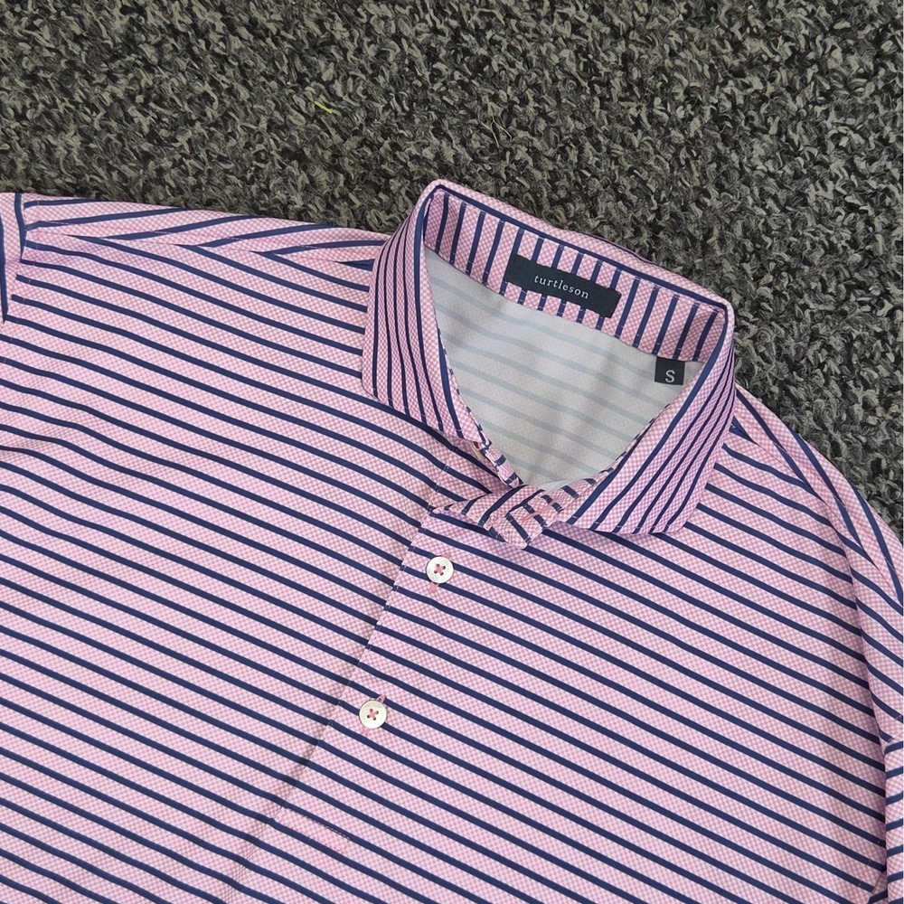 Turtleson Mens Small Performance Golf Polo Shirt Pink Striped Federal Club Logo